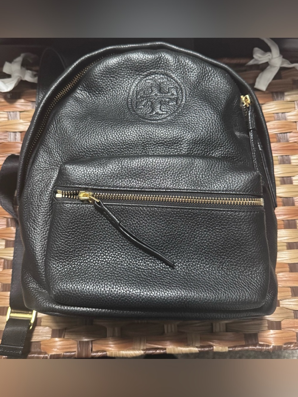 Tory Burch Black Pebbled Leather Mini Backpack with Gold Hardware